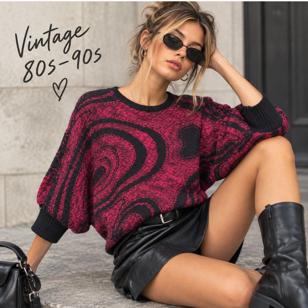 Vintage 80s 90s Designers Originals Abstract Sweater Pink Black Dolman USA